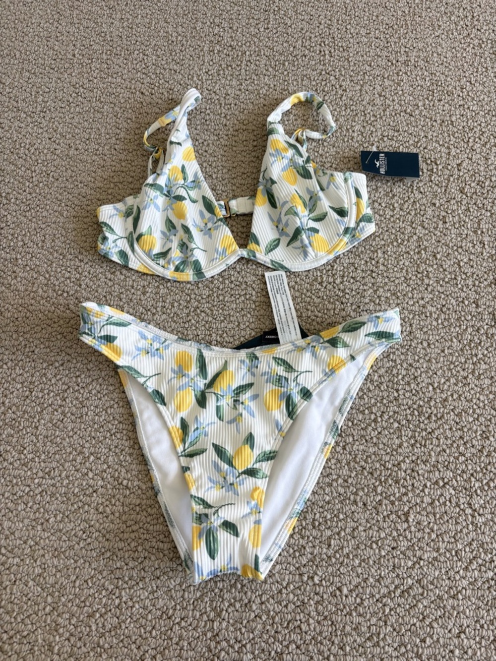 Hollister White Lemon Print Ribbed Bikini Set - Yellow & Green